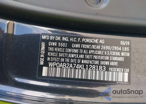 2019 Porsche Panamera 4S z USA, uszkodzony, nr VIN WP0AB2A74KL128183